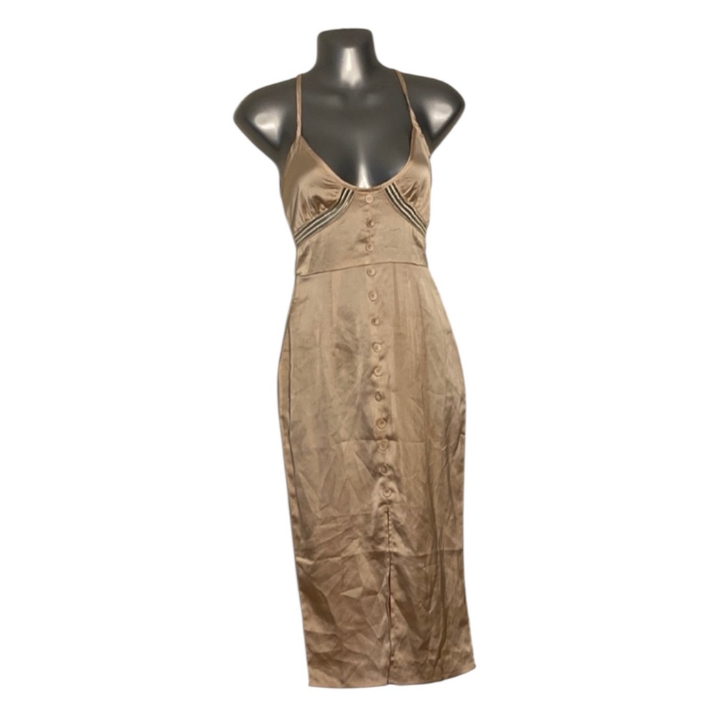PrettyLittleThing Champagne Button Front Satin Strappy Midi Dress NWT Size 2